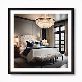 A Luxurious White Bed Sits In A Modern Yet Elegant Bedroom Centered Under A Chandelier, Surrounded By Pillows And Windows Providing Natural Light Art Print