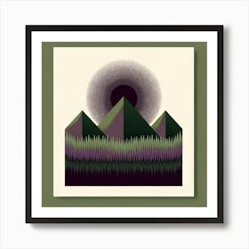 Title: "Emerald Eclipse: The Enigma of Night"  Description: "Emerald Eclipse: The Enigma of Night" is an art piece that entrances with its halo of dotted gradients, evoking the mysterious allure of an eclipse against a night sky. The composition features bold, emerald mountains rising above a lush, purple-tinged forest, with the hypnotic patterns in the sky creating an illusion of depth and movement. This visual meditation on the nocturnal landscape uses a palette of deep greens, purples, and blacks, set against a light cream canvas, to suggest the silent poetry of the natural world at rest. The artwork's layered textures and soothing colors invite the viewer to contemplate the quiet majesty of the wilderness under the spell of twilight. Art Print