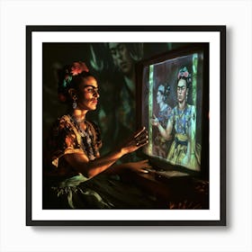 Digital Frida Series. Frida Kahlo at Her Computer at Night Art Print