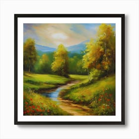 Landscape With Red Poppies.Canada's forests. Dirt path. Spring flowers. Forest trees. Artwork. Oil on canvas. Art Print