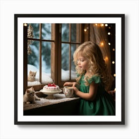 Blonde Child In Emerald Green Dress Red Bow Nestled In Hair Gazes Out A Frost Framed Window At A C Art Print