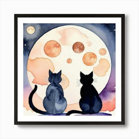 Cats Watching The Moon Art Print