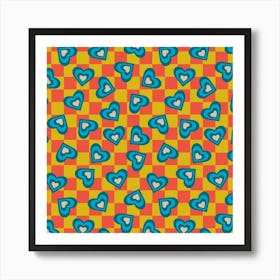 LOVE HEARTS CHECKERBOARD Tossed Retro Alt Valentines in Teal Blue Cream on Orange Yellow Geometric Grid Art Print