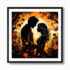 Silhouette Of Lovers, Silhouettes Of Two People Hugging Surrounded By Elements Of Nature Flowers Trees Growing Art Print