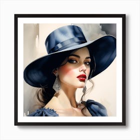 Beauty With Blue Hat And Dress - Watercolor Portrait Painting Art Print