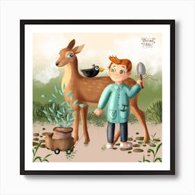 Boy And Deer Art Print