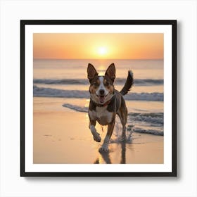 Dog On The Beach At Sunset Art Print