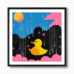 Duckling In The Rain & Clouds Pink And Blue Art Print