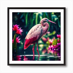 Jungle Bird with Pink Flowers and Flamboyant Plummage Art Print