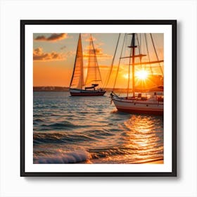 Sailboats At Sunset Art Print