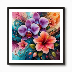 Orchids And Hibiscus Art Print