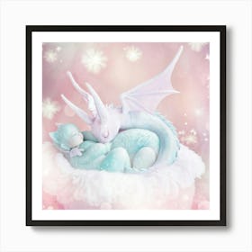 Baby Dragon Sleeping In Mothers Embrace Wings Gently Folded Both Enveloped In Soft Rolling Cloud Art Print