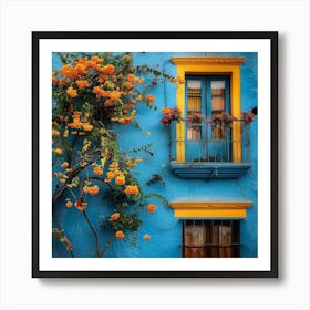 Blue House With Flowers 1 Art Print