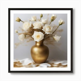 Gold Vase With White Roses Art Print