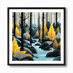 Forest Landscape, forest with Christmas trees, woods, lake, illustration, vector art, Forest, sunset,   Forest bathed in the warm glow of the setting sun, forest illustration,  forest vector art, forest painting, dark forest, landscape painting, nature vector art, Forest art, trees, pines, spruces, and firs, black, blue and yellow Art Print