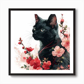 Black Cat With Cherry Blossoms Art Print