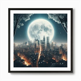 Full Moon Over City  Art Print