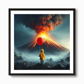 It'S A Beautiful Day a boy wearing a yellow rain coat holding a red ballon, standing in front of a smokey volcano, digital art.. 1 Art Print