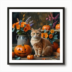 Halloween Cat With Pumpkins And Flowers Affiche