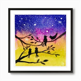 Watercolor Light Above The Little Bird In The Beautiful Night Art Print