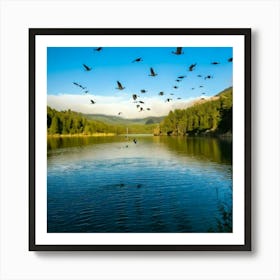 Firefly Canadian Geese Migrating Over A Serene Lake 20073 (2) Art Print