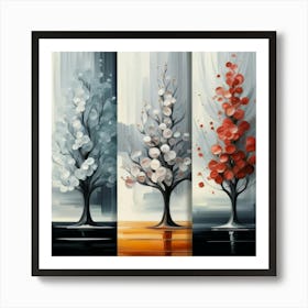 Three different paintings each containing cherry trees in winter, spring and fall 5 Art Print