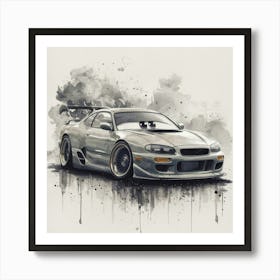 Toyota Supra A captivating and dreamy watercolor illustration featuring acut car anthropomorphic , created in the vintage, hyper-realistic and expressive style of Studio Ghibli anime. The illustration is presented in a loose, elegant and neutral color palette, with light and glossy finishes. The character is depicted in side view, displaying intricate details and expressive features. This art is reminiscent of the styles of Hajime Sorayama, Damien Hirst, Quentin Blake, Alberto Vargas, and Zdzislaw Beksiński. The overall atmosphere of the piece is dark fantasy with a touch of whimsy and creative feelings., illustration, dark fantasy, anime, drawing Model Art Print