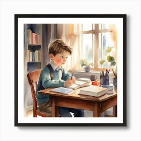 Boy Sitting At Desk Art Print