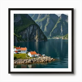 A Serene Fjord With Steep Cliffs, Calm Blue Water, And A Small Fishing Village On The Shore Art Print