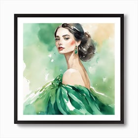 Watercolor Portrait Of A Woman In Green Dress Art Print