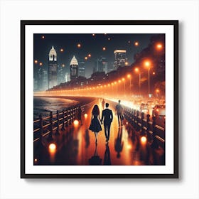 Couple Walking At Night Art Print