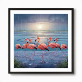 Flamingos In The Rain Art Print