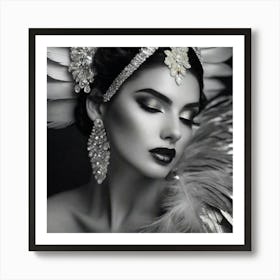 Black And White Portrait Of A Woman With Feathers Art Print