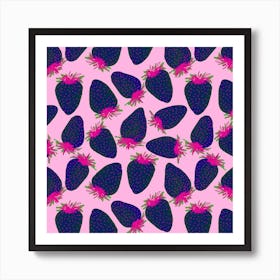 Strawberries Fruit Navy Blue Pink On Pink Art Print