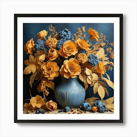 Still Life Ocher And Blue Autumn Flowers Art Print 1 Art Print