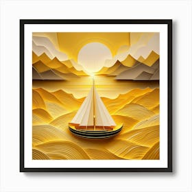 Small Boat At Sunset in Paper Art Print