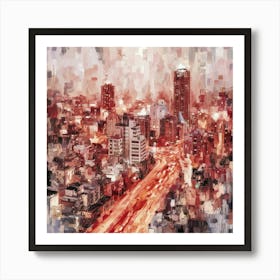 A stunning impressionistic abstract painting of Tokyo at night, using the pointillist technique to bring it to life. The cityscape is painted in soft pastel colors 2 Art Print