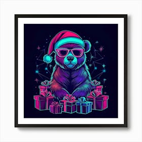 Vector Illustration Glowing Neon Bear In A Santa Generated AI. Wall Art Print Art Print