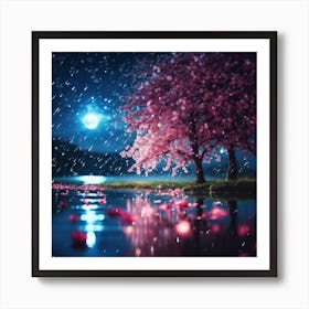 Moonlight on Cherry Blossom Lake Art Print