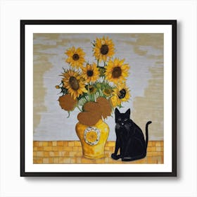 Sunflowers And Black Cat Art Print