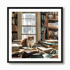 Cat In A Library Art Print