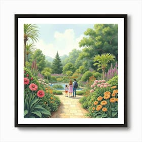 An English Botanical Garden With Visitors Admiring Exotic Plants, Watercolor 1 Art Print