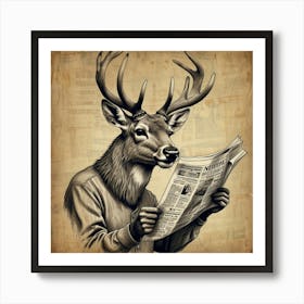 Deer Reading Newspaper 1 Art Print