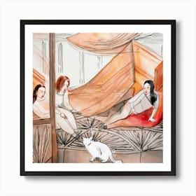 Three Women And A Cat Art Print