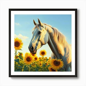 White Horse In Sunflower Field 3 Art Print