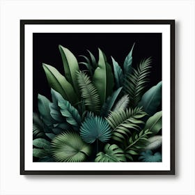 Tropical Leaves On Black Background Art Print