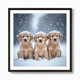 Golden Retriever Puppies In The Snow Art Print