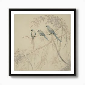 Three Birds On A Branch, Vintage Wall Art Print Art Print