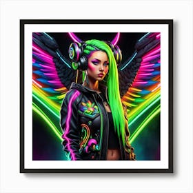 Neon Girl With Wings Art Print