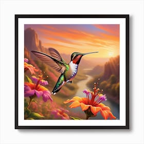 A Ruby Throated Hummingbird Wings In High Speed Motion Hovers Above A Vibrant Array Of Bewildering 413054471 Art Print
